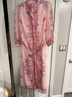 Romantic Pink Floral Midi Dress with Tie Waist